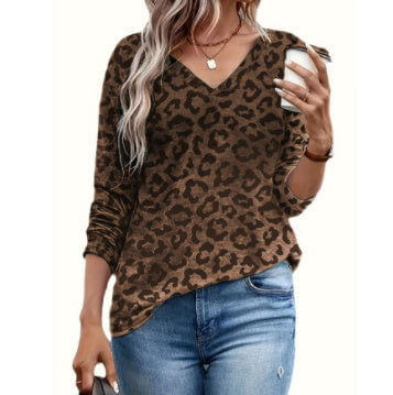 Retro Leopard Print Long Sleeve Top | Casual Crew-Neck Patterned Blouse