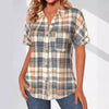 Women's long-sleeved plaid shirt in geometric pattern, featuring a relaxed fit and collar, perfect for spring and summer wear.