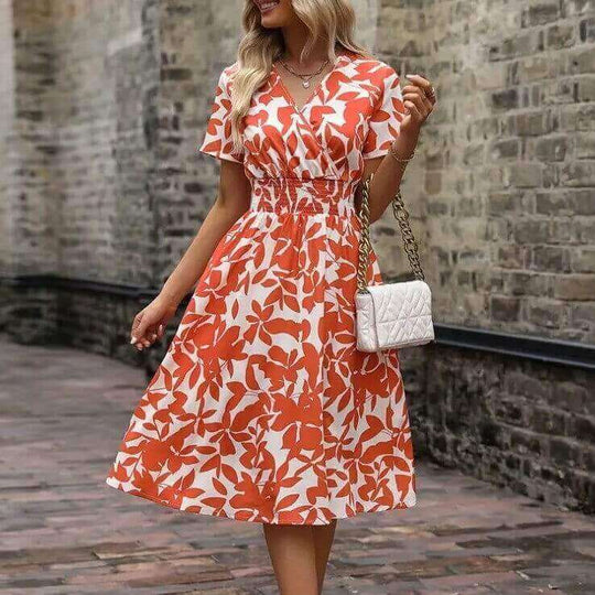 V-Neck Leaves Floral Swing Dress | High-Tension Girdle Waist Midi