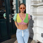 Women's V-neck Short Cropped Slim-fit Color T-shirt