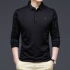 Black long sleeve polo shirt for men with plaid pattern, stylish and comfortable for youth business attire.