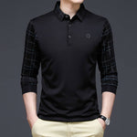 Black long sleeve polo shirt for men with plaid pattern, stylish and comfortable for youth business attire.
