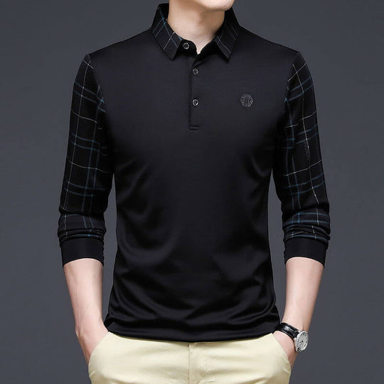 Black long sleeve polo shirt for men with plaid pattern, stylish and comfortable for youth business attire.