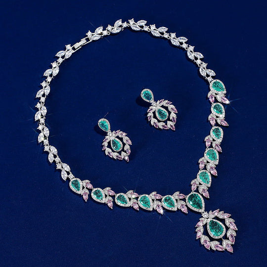 Zircon Water Drops Inlaid Multi-color Matching Ornament Necklace And Earrings Suite
