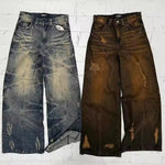 American High Street Straight Mud Dyed Jeans in blue and brown, denim fabric, showcasing a trendy distressed look.