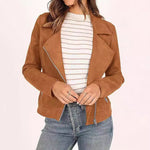 Brown fashion deerskin velvet motorcycle jacket with zipper pockets, stylish and loose fit for women.
