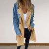 Women's mid-length denim coat with collar, featuring a tan suede front, perfect for casual commutes.