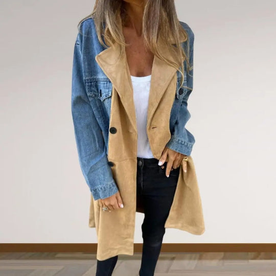 Women's mid-length denim coat with collar, featuring a tan suede front, perfect for casual commutes.