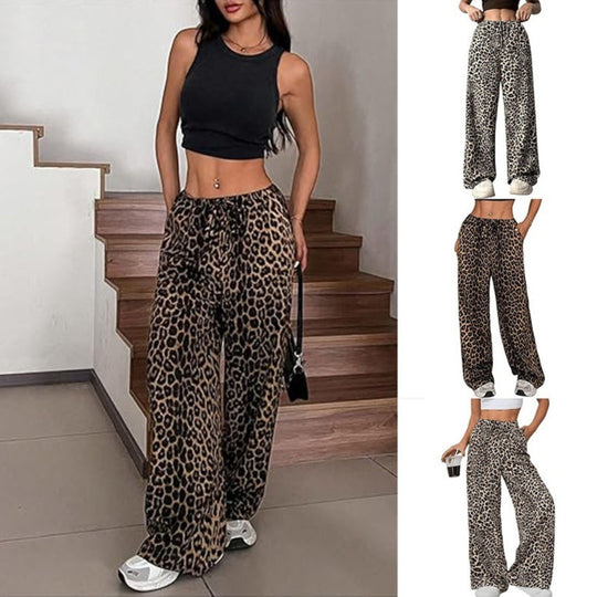 Leopard-Print Wide-Leg Trousers | High-Waist Drawstring Long Pants