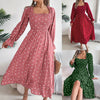 Casual square collar polka dot swing dress in red, green, and pink with ruffled sleeves and high waist design.