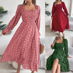 Casual square collar polka dot swing dress in red, green, and pink with ruffled sleeves and high waist design.