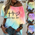 Women's tie dye gradient loose T-shirt featuring faith, hope, love design with heart and heartbeat pattern.