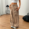 Women's loose casual wide-leg trousers in dark beige with pockets, featuring a high waist style and relaxed fit.