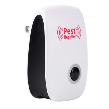 Pest repeller device with a white and black design on a white background