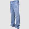 Men's light blue denim straight-leg pants with medium elastic waist and zipper fly, stylish and comfortable.