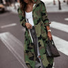 Fashionable women’s casual camo trench coat with lapel, perfect for commuting, styled with jeans and a handbag.