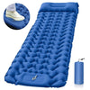Blue Foot-Press Inflatable Air Mattress with foot-press pump setup and carrying bag, ideal for camping up to 200kg support.