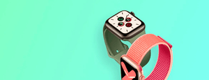 Two modern smartwatches on a teal background, showcasing a black watch with a white face and a pink band.