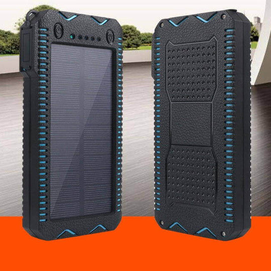 Solar-powered power bank with dual flashlights, universal compatibility, and rugged design in black and blue.