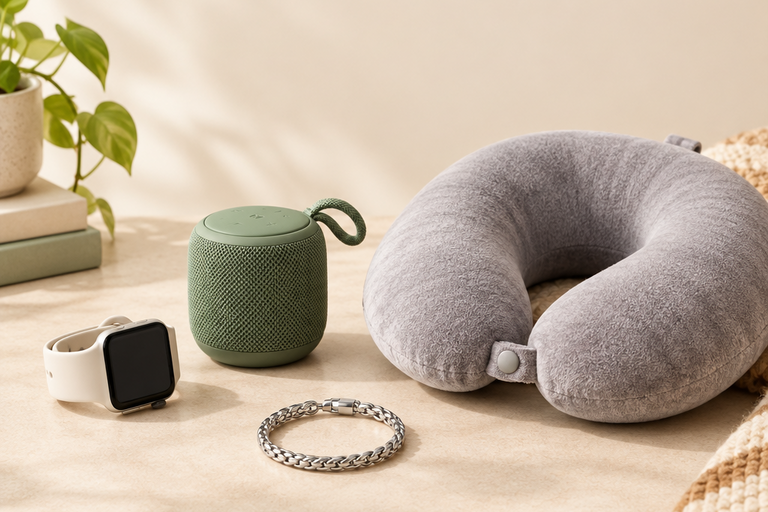A gray U-shaped travel neck pillow displayed on a beige fabric surface alongside a green portable speaker, a smartwatch, a bracelet, a small plant, and a woven blanket.